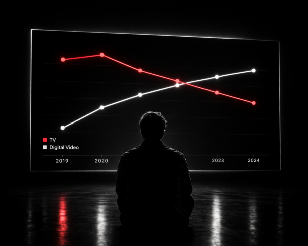 Minimal cinematic visual of a rising light streak cutting through darkness, representing momentum, attention growth, and the impact of structured video marketing and digital media systems on long term visibility