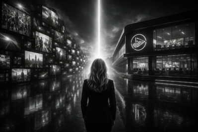 Business environment with video content screens and media building representing companies evolving into digital media systems and controlled visibility