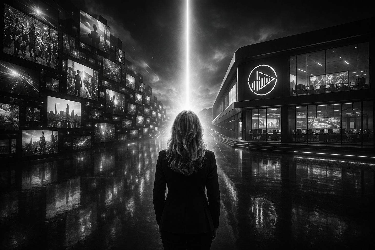 Business environment with video content screens and media building representing companies evolving into digital media systems and controlled visibility