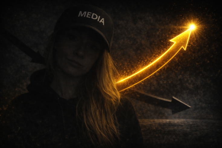 Cinematic visual of a dominant upward arrow cutting through scattered directions, representing clear strategic orientation, focused attention, and the role of structured media systems in driving video marketing and visibility growth