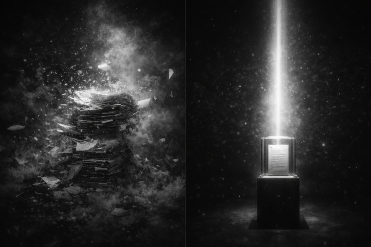 Cinematic black and white visual of a business surrounded by video content screens and a central media hub, representing the shift toward companies operating as digital media systems to control visibility, distribution, and audience attention