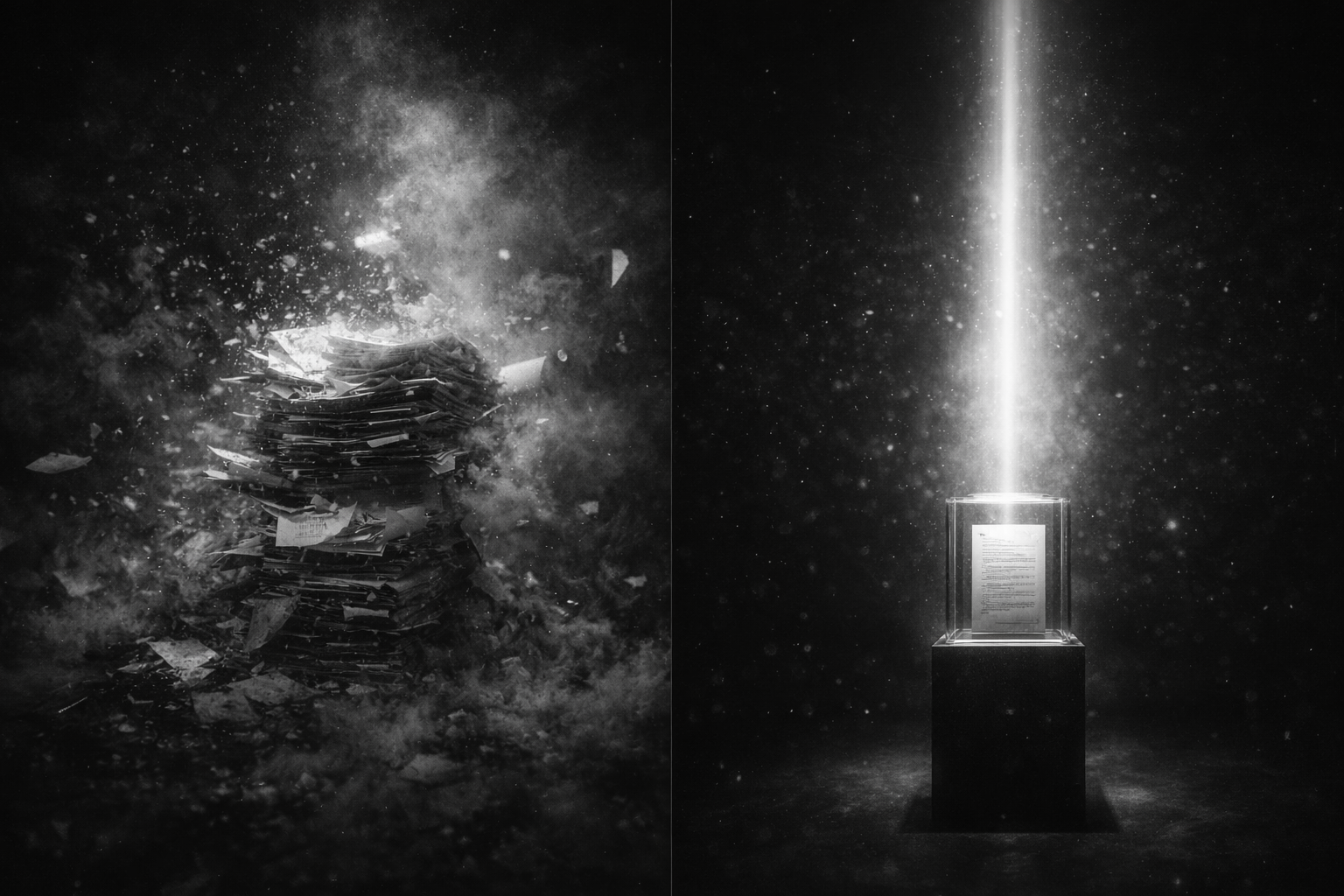 Cinematic black and white visual of a business surrounded by video content screens and a central media hub, representing the shift toward companies operating as digital media systems to control visibility, distribution, and audience attention