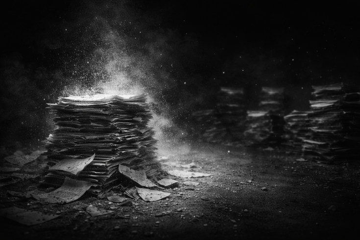 Stacks of paper disintegrating into dust representing invisible content, lost attention, and wasted output in digital media systems