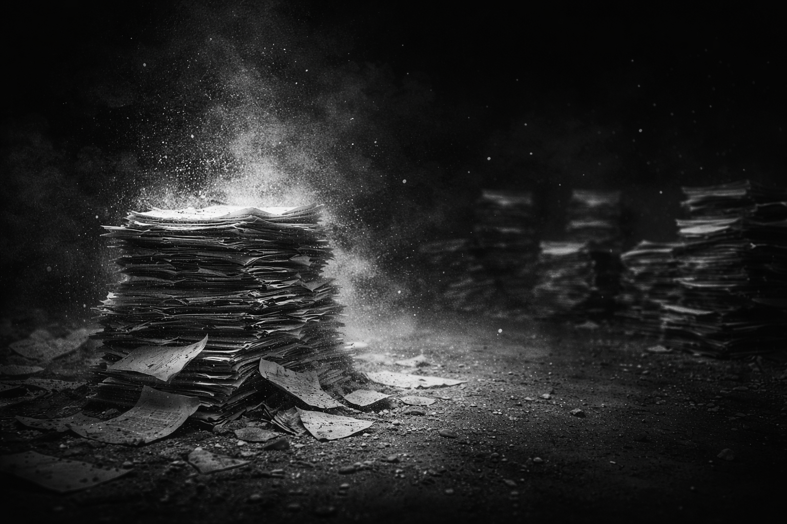 Stacks of paper disintegrating into dust representing invisible content, lost attention, and wasted output in digital media systems