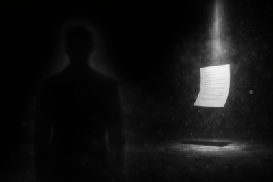 Floating document illuminated by a beam of light in darkness representing content visibility, attention focus, and the risk of being unseen in digital media systems