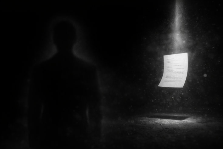 Floating document illuminated by a beam of light in darkness representing content visibility, attention focus, and the risk of being unseen in digital media systems