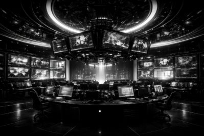 High-contrast cinematic control room environment displaying multiple screens and data feeds, representing BizBOXTV’s media engine for video marketing, content distribution, and real-time visibility optimization