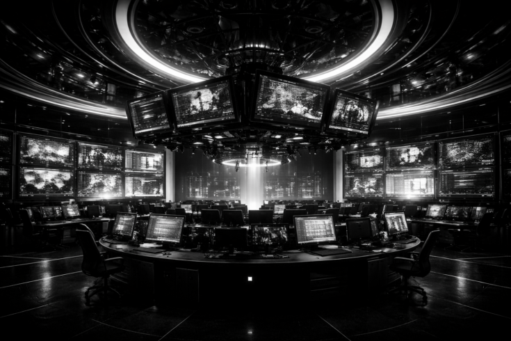 High-contrast cinematic control room environment displaying multiple screens and data feeds, representing BizBOXTV’s media engine for video marketing, content distribution, and real-time visibility optimization