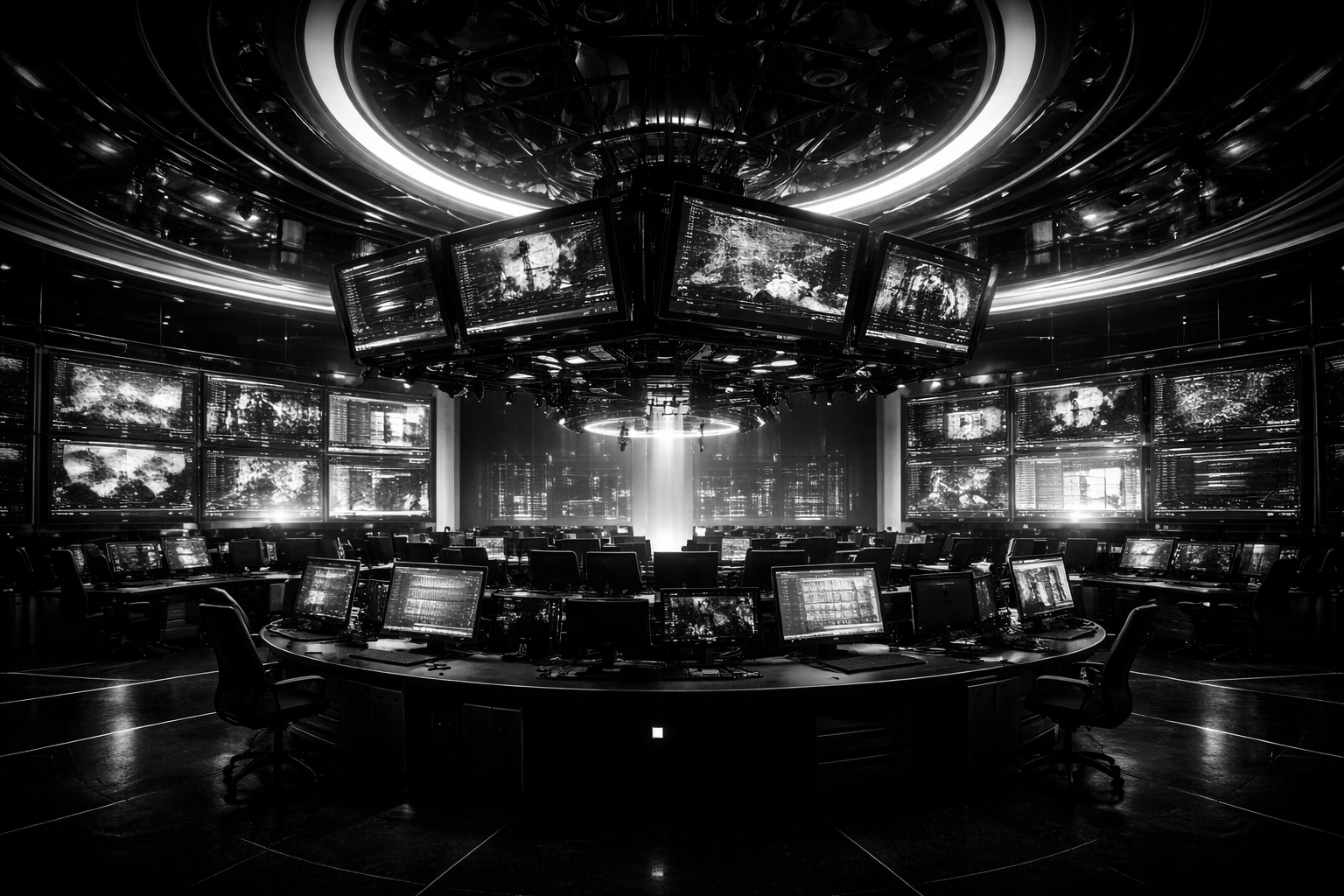 High-contrast cinematic control room environment displaying multiple screens and data feeds, representing BizBOXTV’s media engine for video marketing, content distribution, and real-time visibility optimization