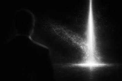 Beam of light emerging in darkness with particles forming around it, representing signal amplification, attention focus, and media visibility systems