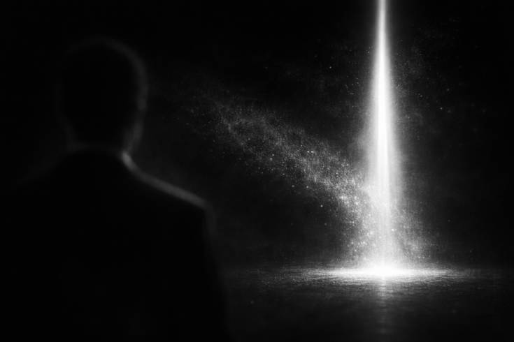 Beam of light emerging in darkness with particles forming around it, representing signal amplification, attention focus, and media visibility systems