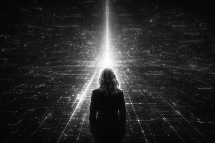 Cinematic black and white visual contrasting scattered content with a single document under a focused beam, representing attention concentration, content selection, and how structured video marketing and media systems drive visibility in an oversaturated environment