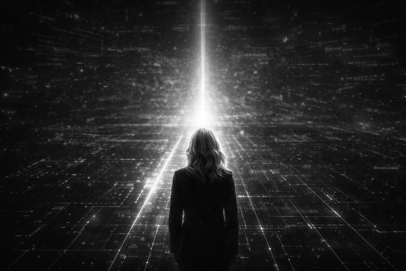 Cinematic black and white visual contrasting scattered content with a single document under a focused beam, representing attention concentration, content selection, and how structured video marketing and media systems drive visibility in an oversaturated environment