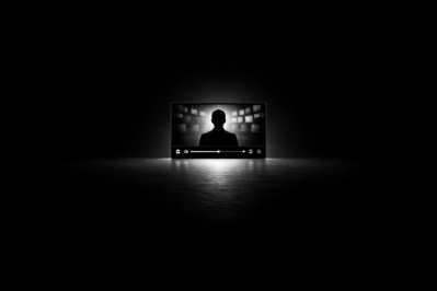 Video player screen showing a silhouette facing multiple content screens, representing AI generated video content, media saturation, and visibility risk
