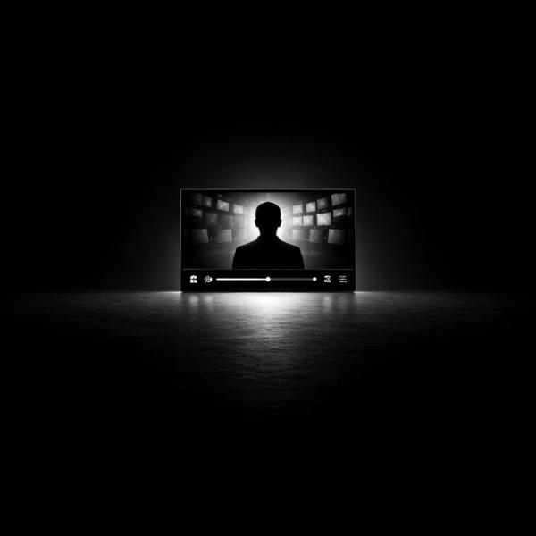 Video player screen showing a silhouette facing multiple content screens, representing AI generated video content, media saturation, and visibility risk