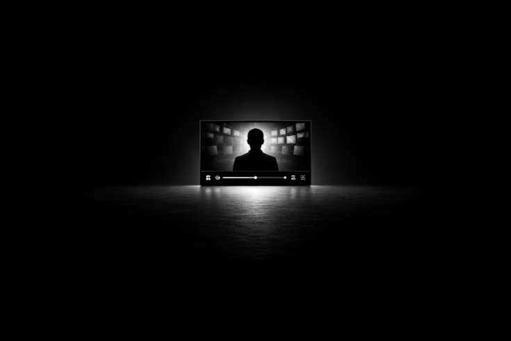 Video player screen showing a silhouette facing multiple content screens, representing AI generated video content, media saturation, and visibility risk