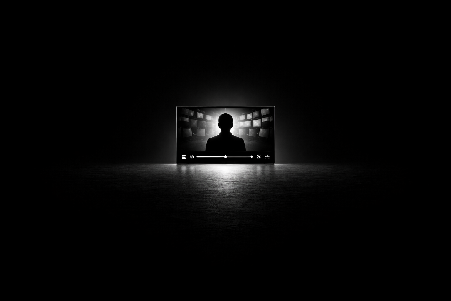 Video player screen showing a silhouette facing multiple content screens, representing AI generated video content, media saturation, and visibility risk