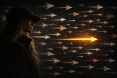 Minimal black and white visual of a single illuminated document emerging from darkness, representing content selection, attention filtering, and the role of judgement within AI driven media systems and video marketing visibility