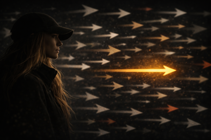 Minimal black and white visual of a single illuminated document emerging from darkness, representing content selection, attention filtering, and the role of judgement within AI driven media systems and video marketing visibility