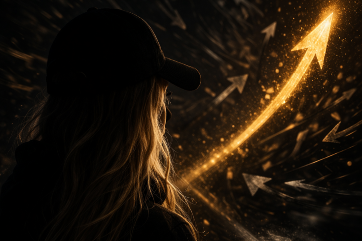 Woman observing upward directional arrows with one dominant path, representing strategic orientation, attention direction, and media system clarity