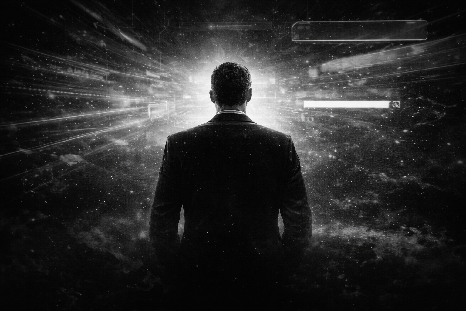 Cinematic black and white visual of a person moving through a digital environment toward a focused light source, representing AI assisted discovery, content selection, and how media systems influence visibility and attention in modern video marketing