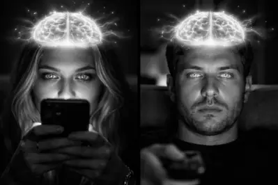 Black and white image showing two people watching a smartphone and television with glowing brain overlay representing engineered attention and media influence