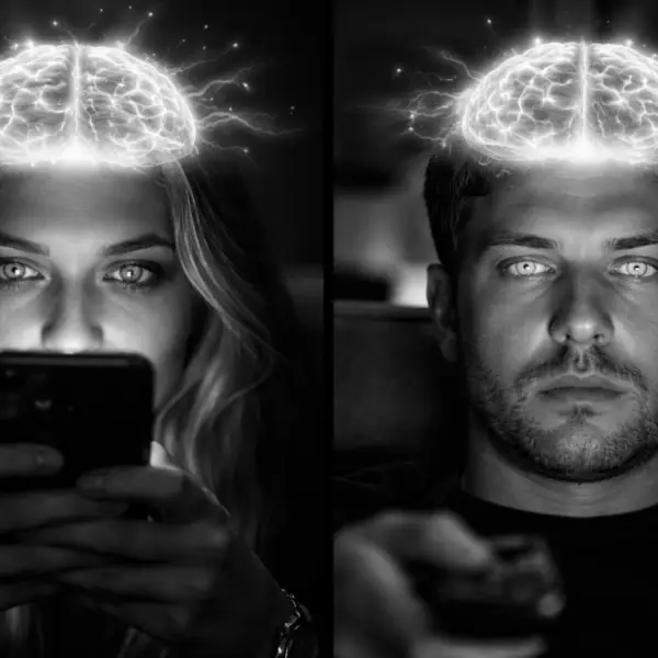 Black and white image showing two people watching a smartphone and television with glowing brain overlay representing engineered attention and media influence