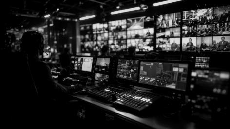 Digital media control room managing video production, content distribution, and multi platform marketing systems at scale