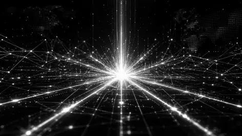 Abstract black and white digital grid with central signal ignition representing social media video ads triggering a media system