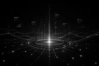 Abstract black and white data intelligence landscape with signal grids, particle networks, calibration beams, and operational analytics systems representing media intelligence infrastructure.