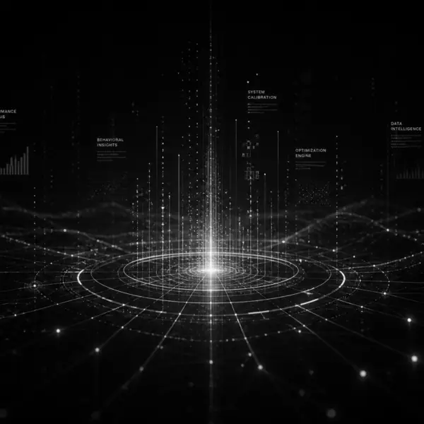 Abstract black and white data intelligence landscape with signal grids, particle networks, calibration beams, and operational analytics systems representing media intelligence infrastructure.