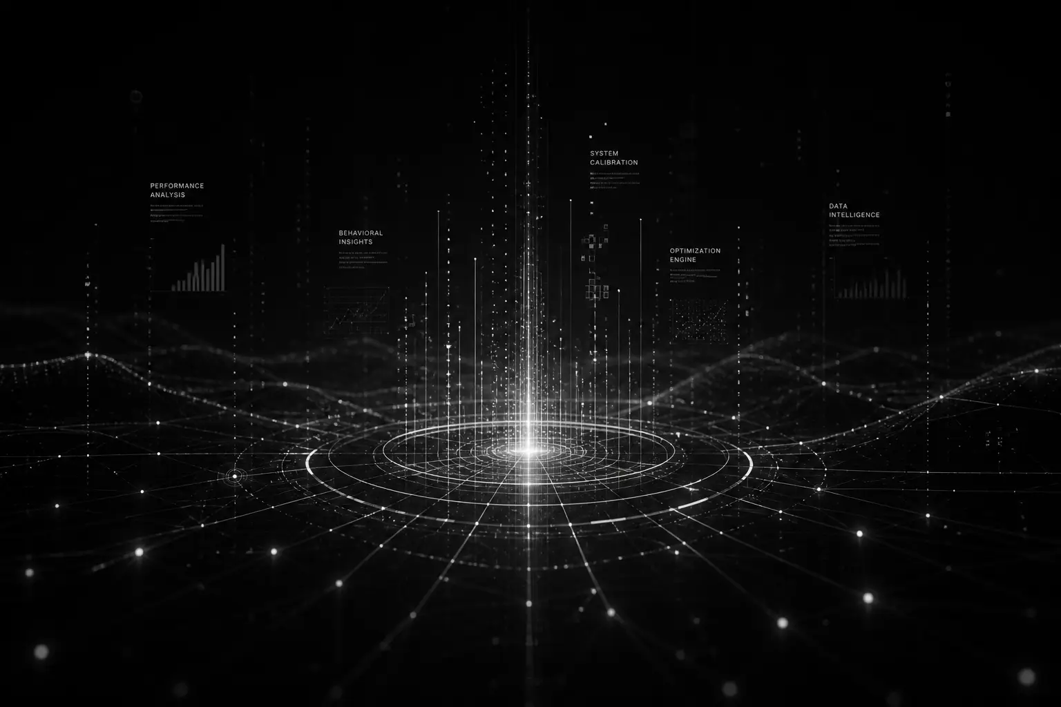 Abstract black and white data intelligence landscape with signal grids, particle networks, calibration beams, and operational analytics systems representing media intelligence infrastructure.