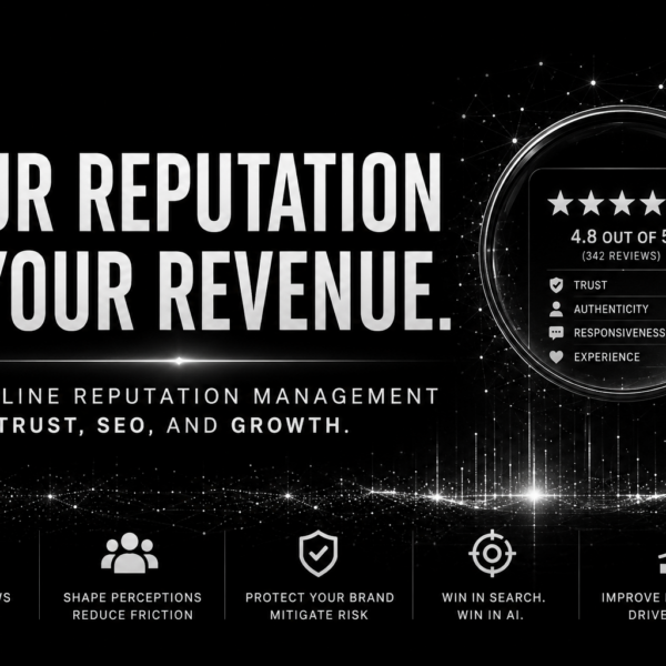 Online reputation management concept showing trust signals, SEO visibility, AI search relevance, and digital business growth in a black and white futuristic design.
