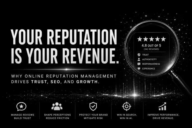 Online reputation management concept showing trust signals, SEO visibility, AI search relevance, and digital business growth in a black and white futuristic design.