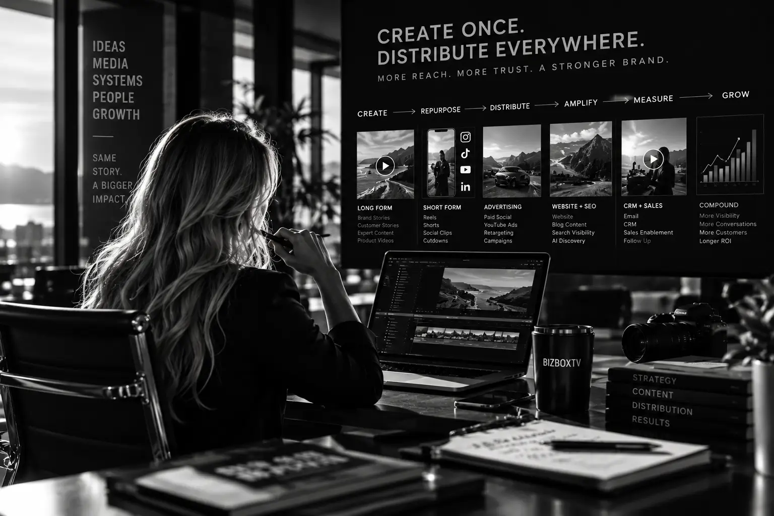 Content distribution strategy showing video repurposed across multiple media channels